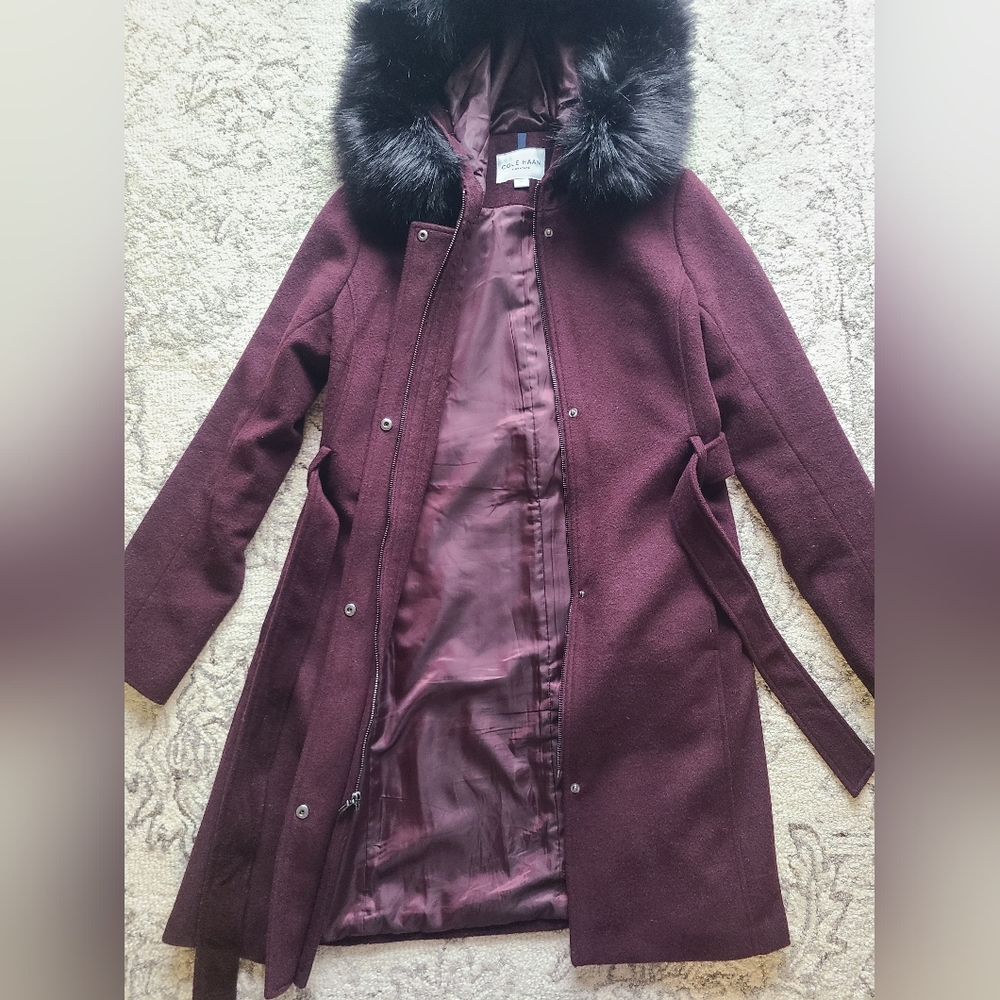 Cole Haan Slick Wool Coat Hooded Belted Lined Long Burgandy